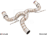 Premium performance exhaust system for BMW F30/F31/F34/F36 335i/340i, featuring stainless steel construction and dual tips.