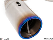 Close-up of a Meisterschaft exhaust tip for BMW F30/F31/F34/F36 335i/340i, showcasing premium stainless steel craftsmanship.
