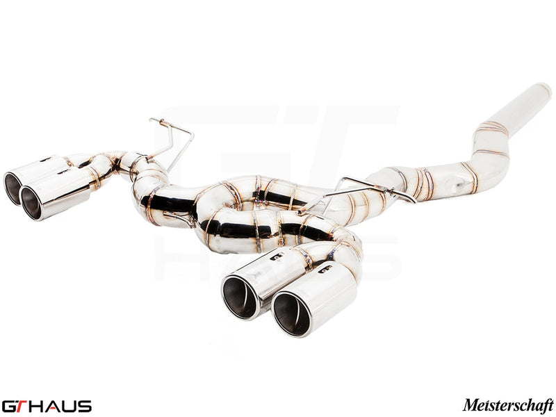 Premium performance exhaust system for BMW F30/F31/F34/F36 335i/340i/xi, featuring stainless steel construction and quad tips.