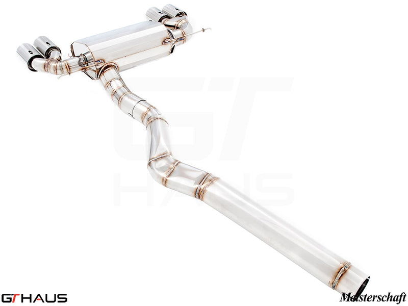 Premium performance exhaust system for BMW F32/F33 4 Series, featuring stainless steel construction and quad tips.