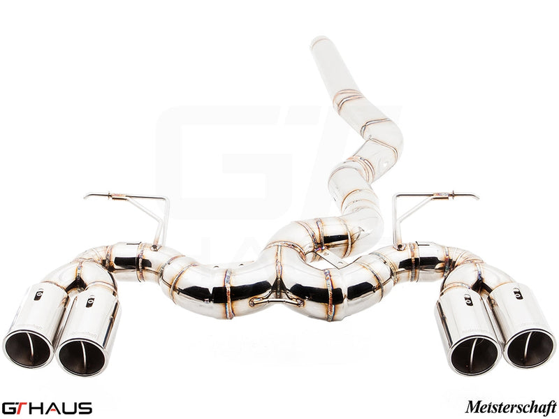 Premium exhaust system for BMW F32/F33 4 Series 428/430i, featuring stainless steel construction and dual tips.