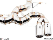 Premium Meisterschaft exhaust system for BMW F32/F33 4 Series, featuring polished stainless steel and dual tips.