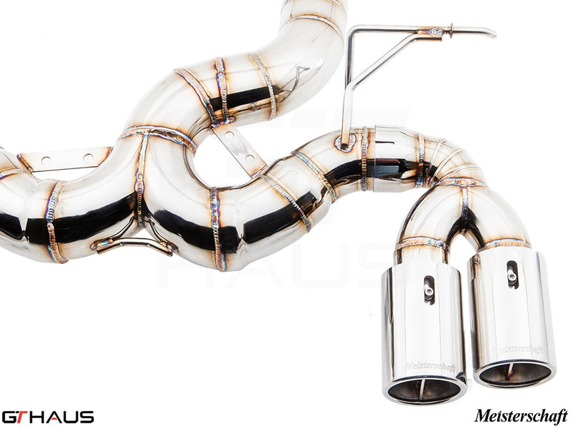 Premium Meisterschaft exhaust system for BMW F32/F33 4 Series, featuring polished stainless steel and dual tips.