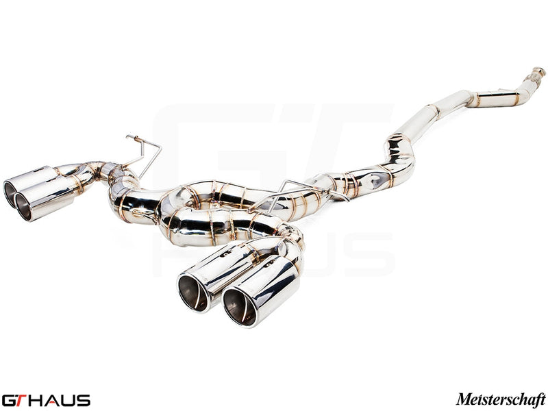 Premium exhaust system for BMW F32/F33 4 Series 435/440i/xi, featuring polished stainless steel and quad tips.