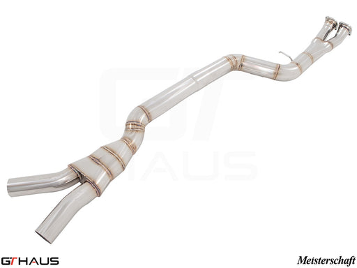 Premium cat-back LX pipe for BMW F80/82/83 M3/M4, featuring single 90mm piping and Velocity box for enhanced performance.