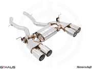 Premium Meisterschaft exhaust system for BMW F80/82/83 M3/M4, featuring polished stainless steel and quad tips.