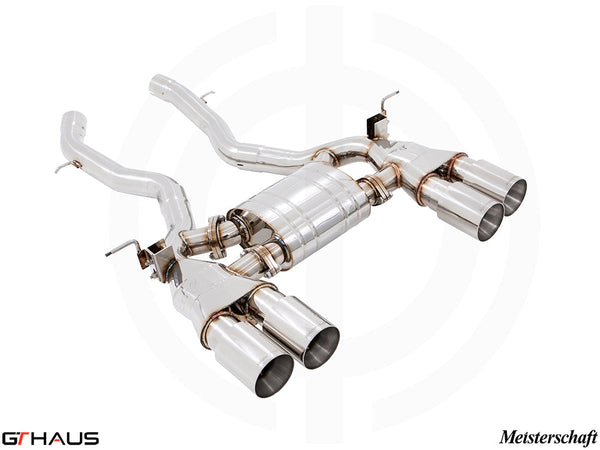 Premium Meisterschaft exhaust system for BMW F80/82/83 M3/M4, featuring polished stainless steel and quad tips.