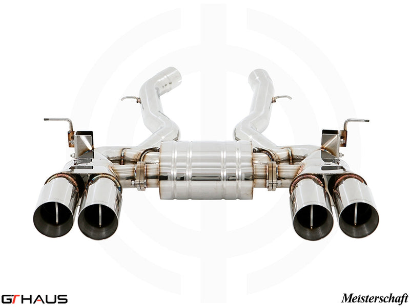 Premium performance exhaust system for BMW F80/82/83 M3/M4, featuring stainless steel construction and quad tips.