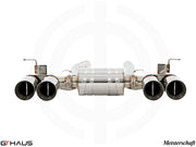 Premium performance exhaust system for BMW F80/82/83 M3/M4, featuring polished stainless steel and quad tips.