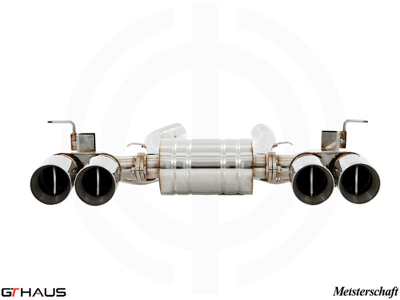 Premium performance exhaust system for BMW F80/82/83 M3/M4, featuring polished stainless steel and quad tips.