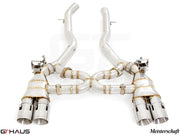 Premium exhaust system for BMW F80/82/83 M3/M4, featuring stainless steel construction and dual tips.