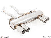 Premium performance exhaust system for BMW F80/82/83 M3/M4, featuring stainless steel construction and quad tips.