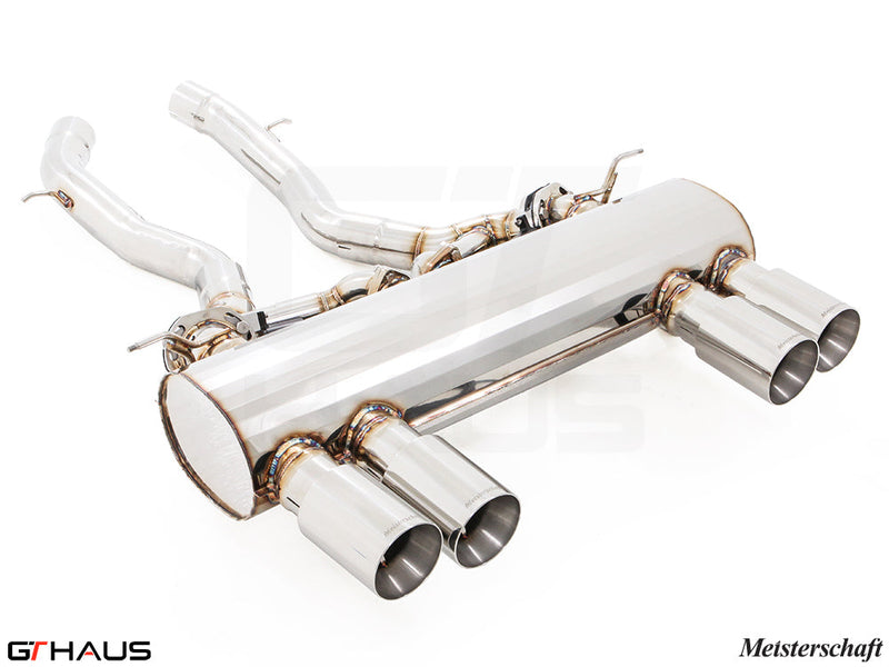 Premium performance exhaust system for BMW F80/82/83 M3/M4, featuring stainless steel construction and quad tips.