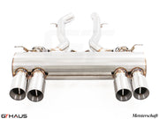 Premium Meisterschaft exhaust system for BMW F80/82/83 M3/M4, featuring polished tips and stainless steel construction.