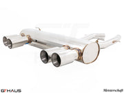 Premium Meisterschaft exhaust system for BMW F80/82/83 M3/M4, featuring polished stainless steel and quad tips.