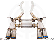 Premium performance exhaust system for BMW F80/82/83 M3/M4, featuring stainless steel construction and quad tips.