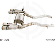 Premium Meisterschaft exhaust system for BMW F80/82/83 M3/M4, featuring stainless steel construction and quad tips.