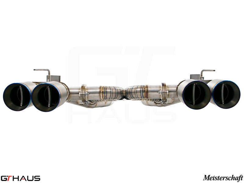 Premium Meisterschaft exhaust system for BMW F80/82/83 M3/M4, featuring dual tips and electronic valve control.