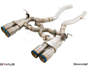 Premium performance exhaust system for BMW F80/82/83 M3/M4, featuring stainless steel construction and dual tips.