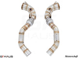 High-performance down pipes for BMW F85 X5M 2015-2019 with 90mm piping and 400 CEL sport cats. Ideal for enhanced exhaust flow.