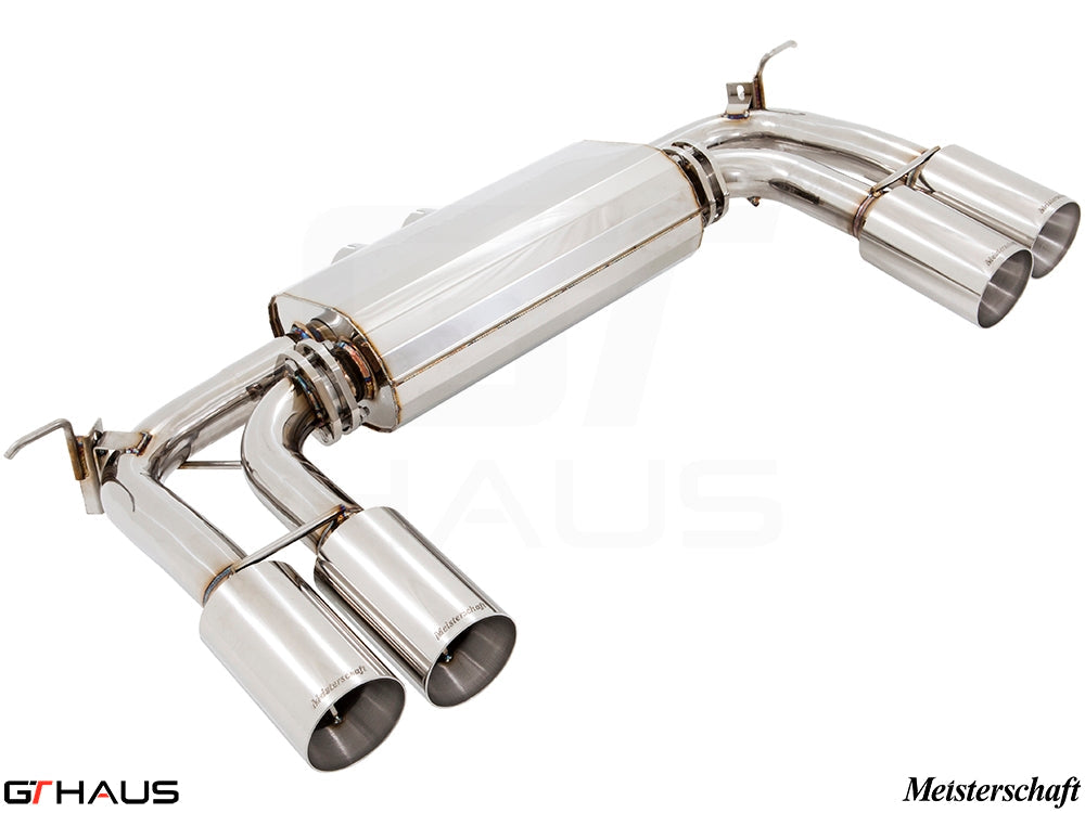 Premium Meisterschaft exhaust system for BMW F85 X5M, featuring polished stainless steel and quad tips for enhanced performance.
