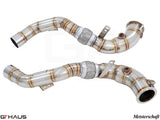 High-performance down pipes for BMW F86 X6M 2015-2019 featuring 90mm piping and 400 CEL sport cats.