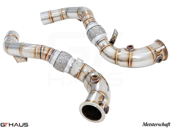 Premium down pipes for BMW F86 X6M (2015-2019) featuring 400 CEL sport cats and 90mm piping for enhanced performance.