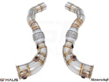 Premium down pipes for BMW F86 X6M (2015-2019) featuring 90mm piping and 400 CEL sport cats for enhanced performance.