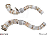 High-performance down pipes for BMW F86 X6M (2015-2019) featuring 400 CEL sport cats and 90mm piping.