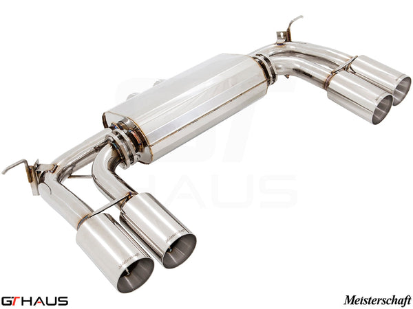 Premium performance exhaust system for BMW F86 X6M SAV, featuring polished stainless steel construction and quad tips.