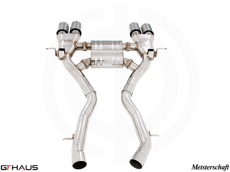 Premium exhaust system for BMW F87 M2, M2 Competition, and M2 CS Coupe, featuring stainless steel construction and dual tips.