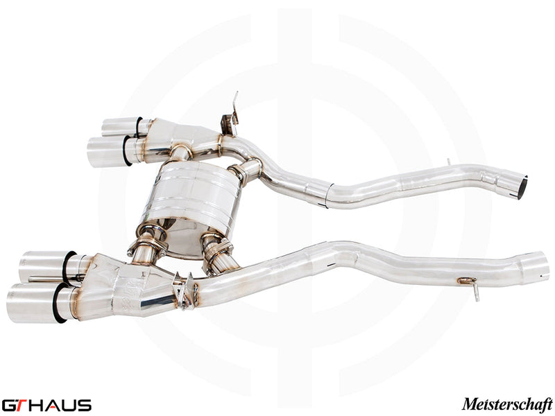 Premium stainless steel exhaust system for BMW F87 M2, M2 Competition, and M2 CS Coupe, featuring Meisterschaft design.
