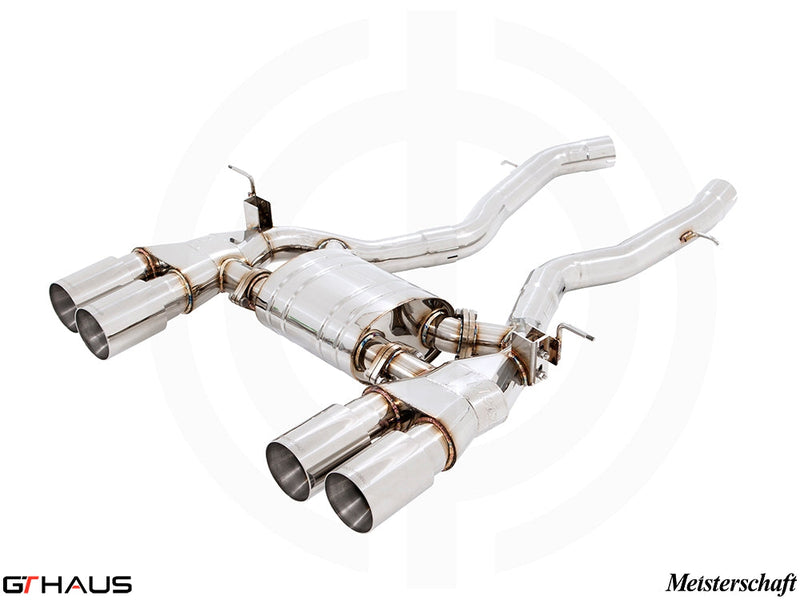 Premium performance exhaust system for BMW F87 M2, M2 Competition, and M2 CS Coupe, featuring stainless steel construction and quad tips.