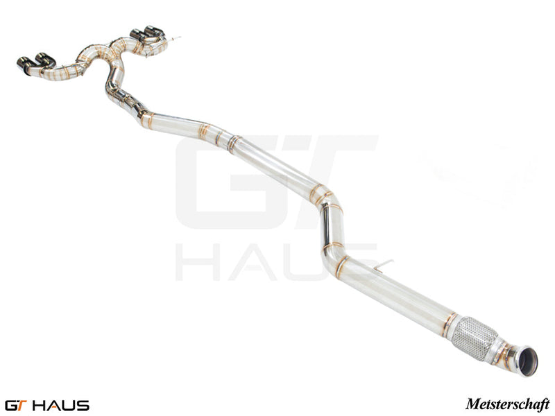 Premium performance exhaust system for BMW F87 M2 models, featuring stainless steel construction and electronic valve control.