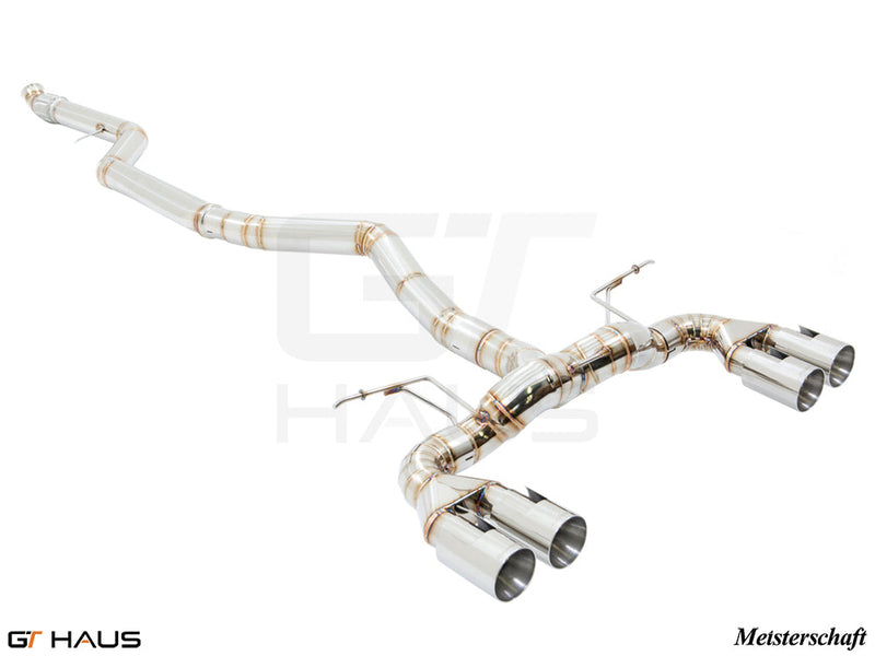 Premium exhaust system for BMW F87 M2, M2 Competition, and M2 CS Coupe, featuring stainless steel construction and quad tips.