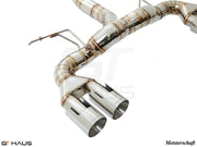 Premium exhaust system for BMW F87 M2 models, featuring stainless steel construction and dual polished tips.