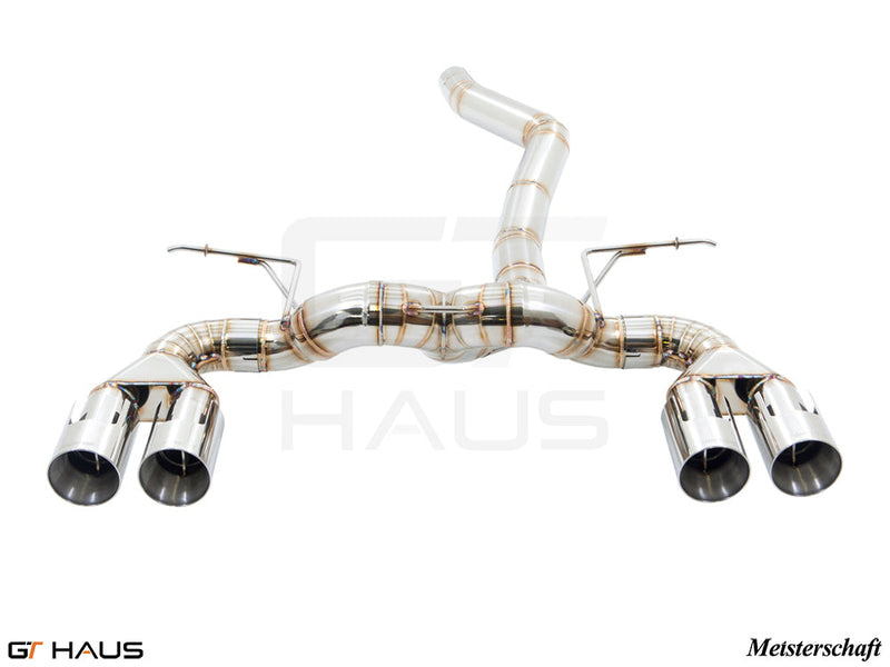 Premium exhaust system for BMW F87 M2 models, featuring polished stainless steel and quad tips for enhanced performance.