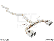 Premium performance exhaust system for BMW F87 M2, M2 Competition, and M2 CS Coupe, featuring stainless steel construction and quad tips.