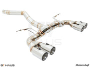 Premium performance exhaust system for BMW F87 M2, M2 Competition, and M2 CS Coupe, featuring stainless steel construction and quad tips.