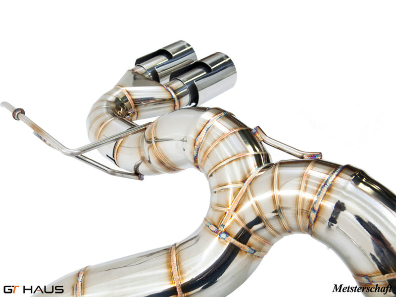 Premium stainless steel exhaust system for BMW F87 M2 models, showcasing precision craftsmanship and performance design.