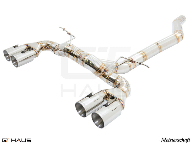 Premium performance exhaust system for BMW F87 M2, M2 Competition, and M2 CS Coupe featuring stainless steel construction and quad tips.
