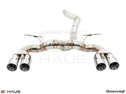 Premium exhaust system for BMW F87 M2 models, featuring polished stainless steel and quad tips for enhanced performance.