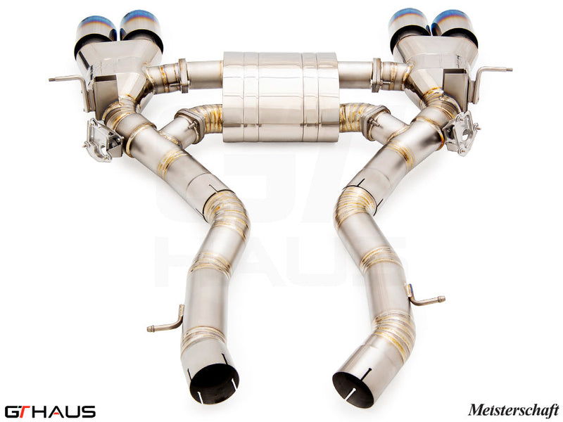 Premium performance exhaust system for BMW F87 M2, M2 Competition, and M2 CS, featuring stainless steel construction and dual tips.