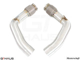 Premium stainless steel down pipes for BMW F90 M5/M5 Competition 2018-2023, designed for secondary cat-delete performance.