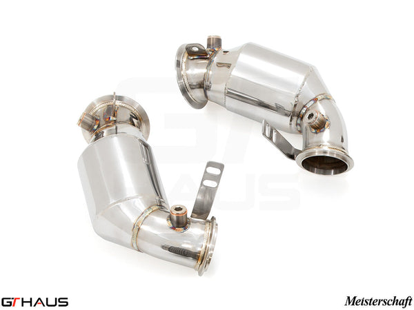High-performance down pipes for BMW F90 M5/M5 Competition 2018-2023 with 400 CEL sport cats and 90mm piping.