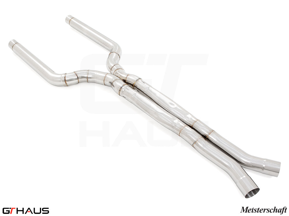 LSR mid resonator delete pipes for BMW F90 M5/M5 Competition, 2018-2023, featuring 76mm stainless steel piping.