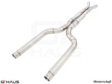 BMW F90 M5 LSR mid resonator delete pipes with 76mm piping, designed for enhanced exhaust flow and performance.