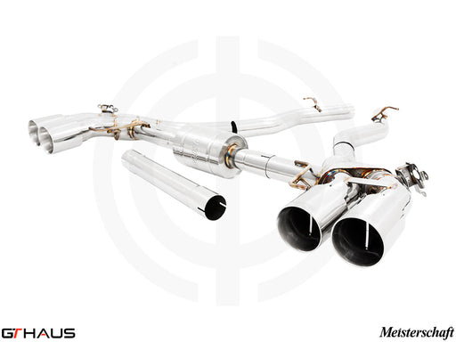 Premium Meisterschaft exhaust system for BMW F90 M5/M5 Competition, featuring polished stainless steel and quad tips.