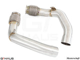 BMW F91/92 M8 Competition 2020+ secondary cat-delete downpipe, featuring stainless steel construction and heat shielding.