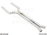 LSR mid resonator delete pipes for BMW F91/92 M8, 76mm stainless steel cat-back exhaust system. High-performance design.